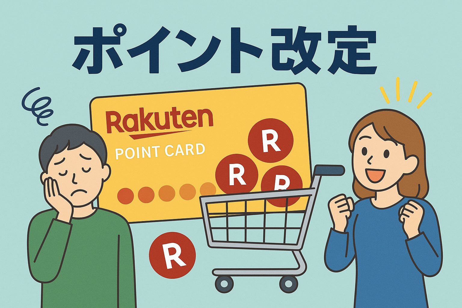 楽天ゴールドカード改定をイメージしたイラスト。カードとポイント、落胆する人と喜ぶ人の対比が描かれている
