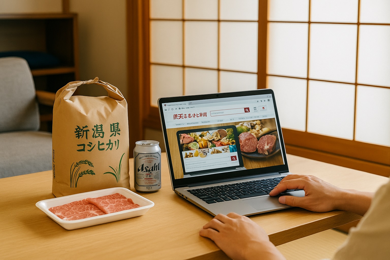 楽天ふるさと納税の返礼品とノートPCを並べて制度を説明しているイメージ写真