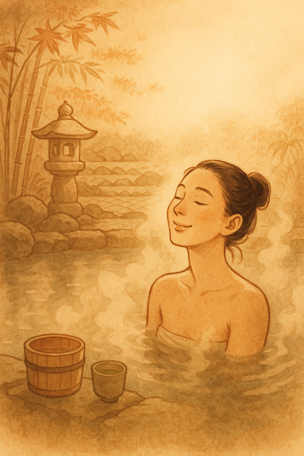 Japanese open-air hot spring with steam, relaxed person soaking, stone lantern, and green tea bucket creating a calm, healing mood.