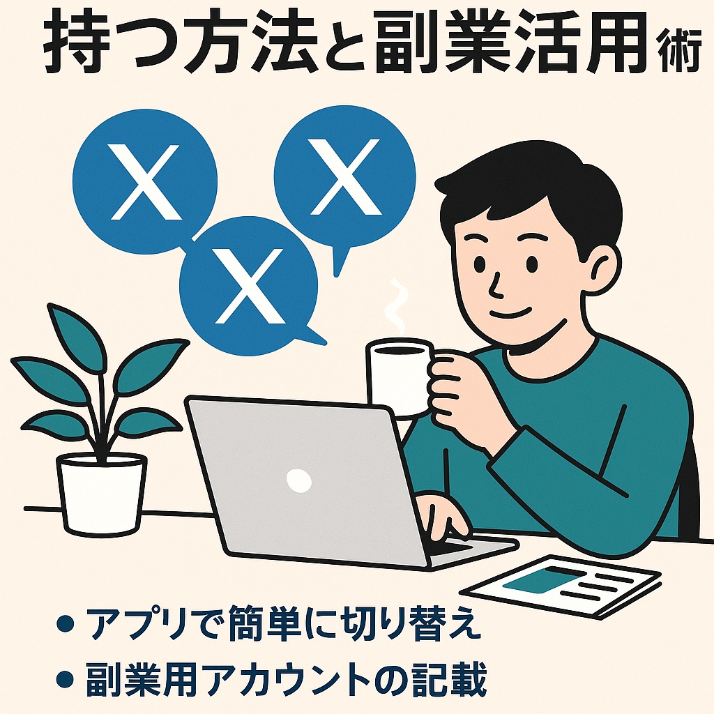 複数のスマートフォン画面にX（旧Twitter）のアイコンが表示され、ユーザーが複数アカウントを使い分けている様子を示すフラットデザインのイラスト。副業や情報発信を象徴する雰囲気。