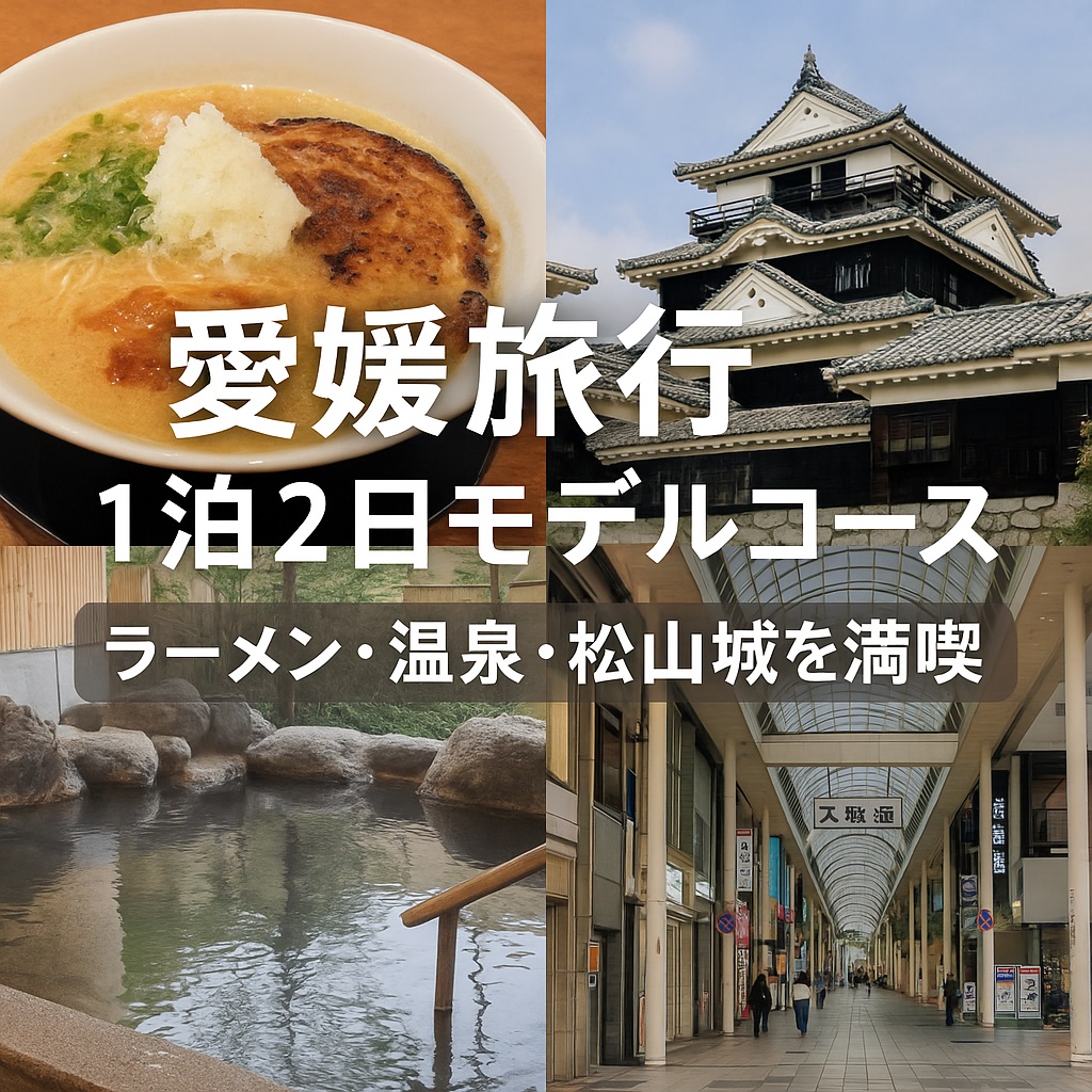 愛媛旅行1泊2日モデルコースを紹介するアイキャッチ画像。ラーメン、松山城、温泉、大街道の商店街が並び、旅の魅力を伝えるデザイン。