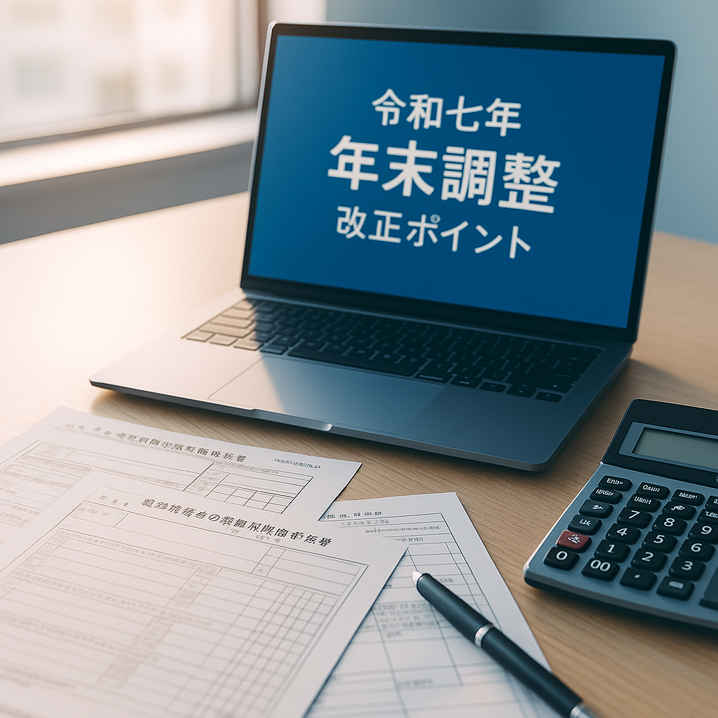令和七年(2025年)分の年末調整改正をテーマに、パソコンと書類を使って手続きを行う様子。デスク上に電卓とペンが置かれている。
