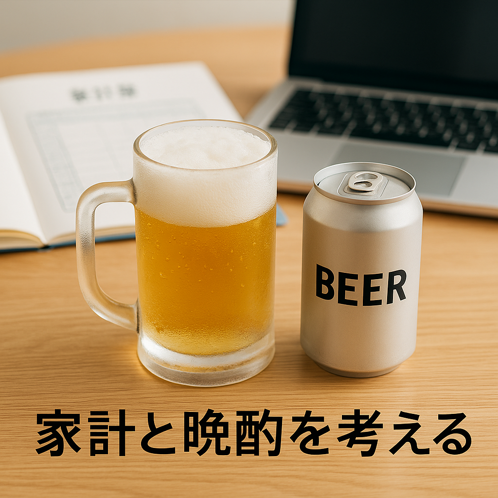 和風の木製テーブルに冷えたビールジョッキと缶ビールが並び、背景に家計簿とノートパソコンが置かれている。柔らかな自然光が差し込み、家計と晩酌を考える雰囲気を表す構図
