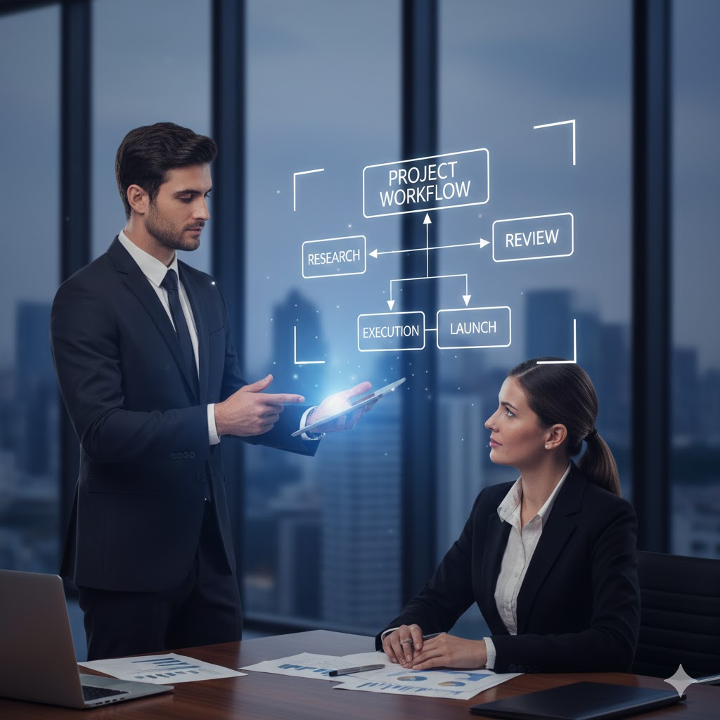 上司へ報告する部下がフローチャートを用いて説明しているビジネスシーン