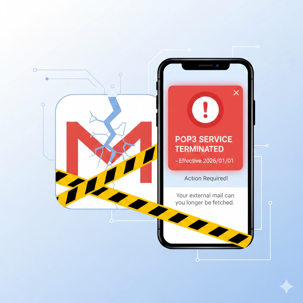 Illustration explaining Gmail POP3 discontinuation and a secure way to receive external emails using Gmail