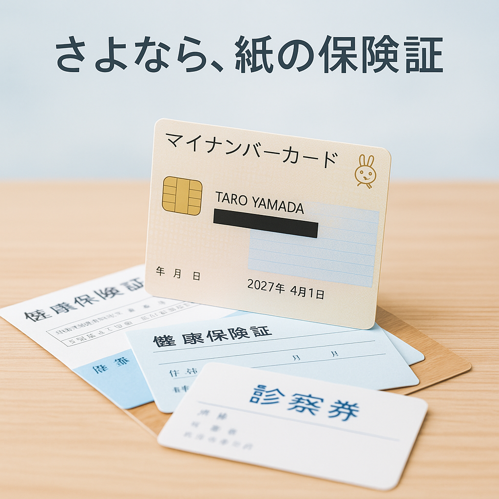 「紙の健康保険証と診察券の上にマイナンバーカードが立ち、マイナ保険証への移行を象徴するイメージ」