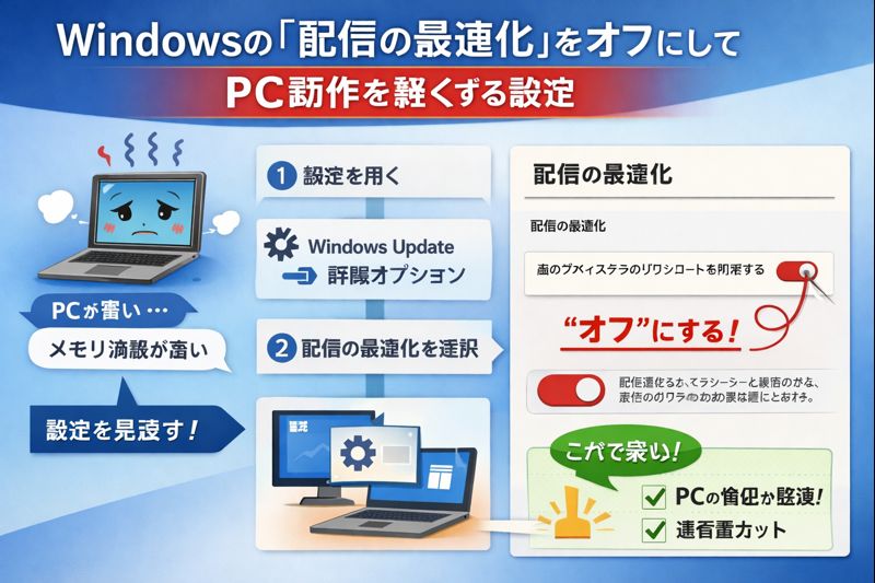 Windowsの配信の最適化をオフにしてPC動作を軽くする設定イメージ