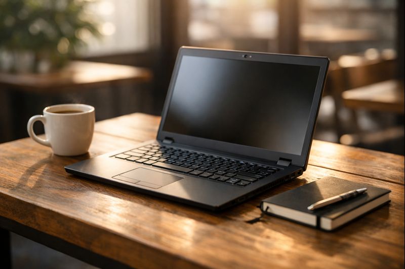 カフェの木製テーブルに置かれた、使用感のある清潔な中古ビジネスノートパソコン