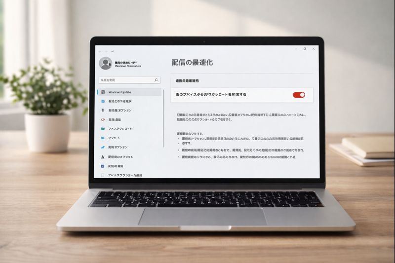 木目のデスクの上にノートパソコンが置かれ、Windowsの設定画面が表示されている。 画面には「配信の最適化」がオフになっている様子がわかるUI。 全体は明るくクリーンで、静かで安定した作業環境をイメージ。