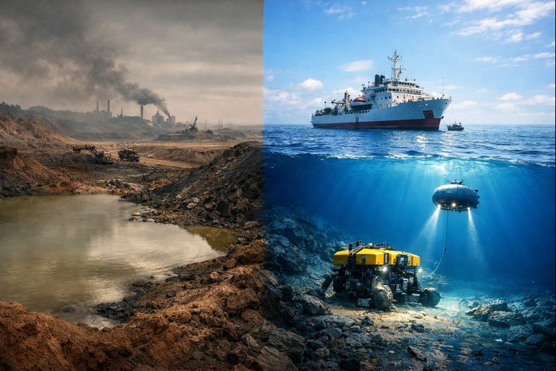 中国の鉱山問題と南鳥島の深海資源開発を対比したレアアースのイメージ