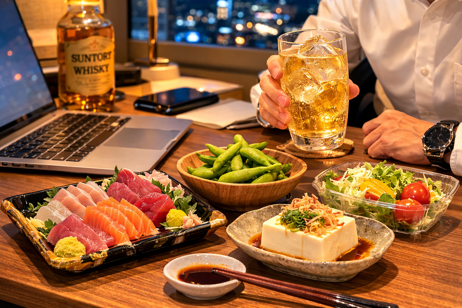 出張中のホテルでスーパーのお刺身と枝豆で晩酌する健康的な食事