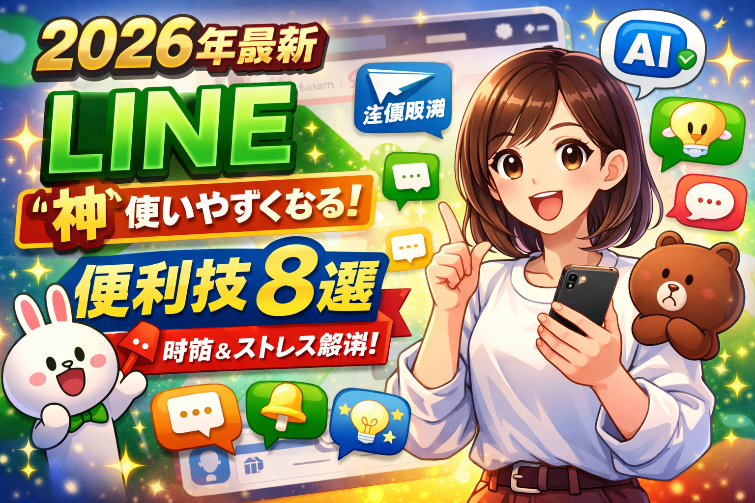 LINEの便利機能を紹介する2026年最新版の記事イメージ。スマートフォンを持つ女性とチャットアイコン、AI機能や時短・ストレス解消を表現したビジュアル