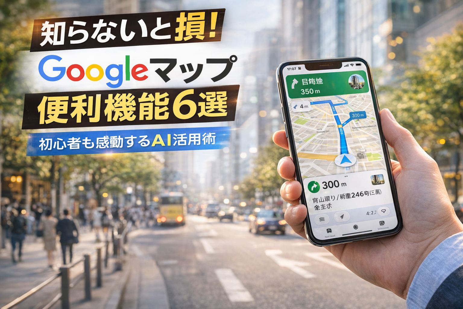 Googleマップの便利機能を解説。音声検索、駐車位置保存、オフラインマップ、現在地共有、AI口コミ要約などGoogleマップを100％活用するライフハックを紹介。