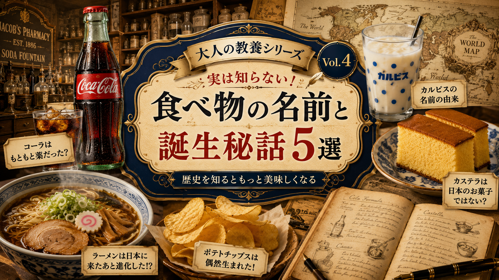 大人の教養シリーズ Vol.4 中央に高級感のあるレトロプレートで 「実は知らない！食べ物の名前と誕生秘話5選」