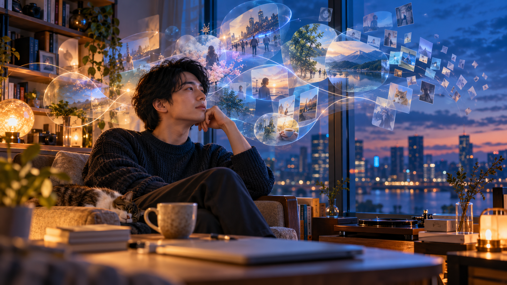 A thoughtful person surrounded by abstract images representing memories and wandering thoughts