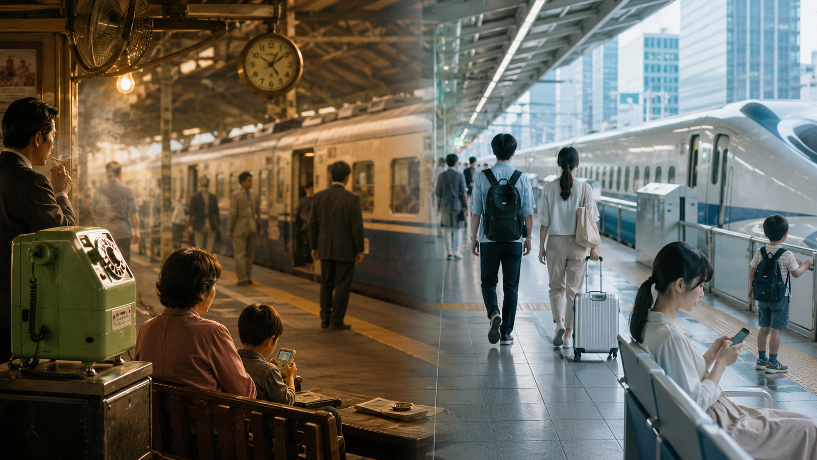 A visual comparison of everyday life in Showa-era Japan and modern Reiwa Japan
