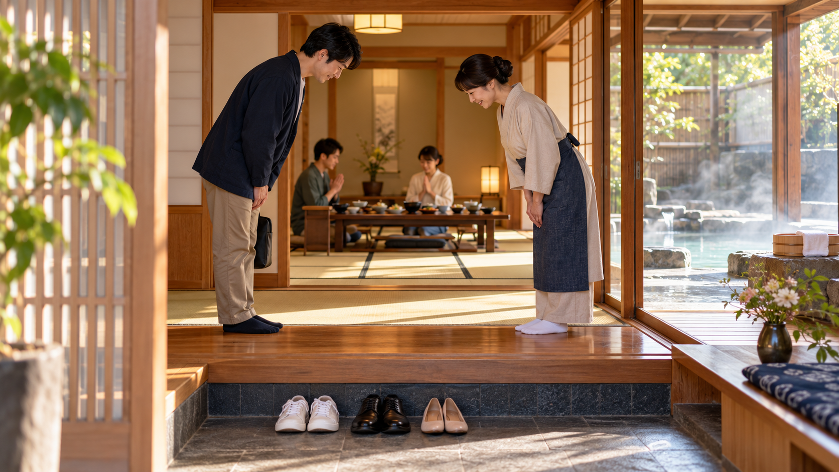 apanese people bowing at a traditional entrance with shoes neatly arranged below the genkan
