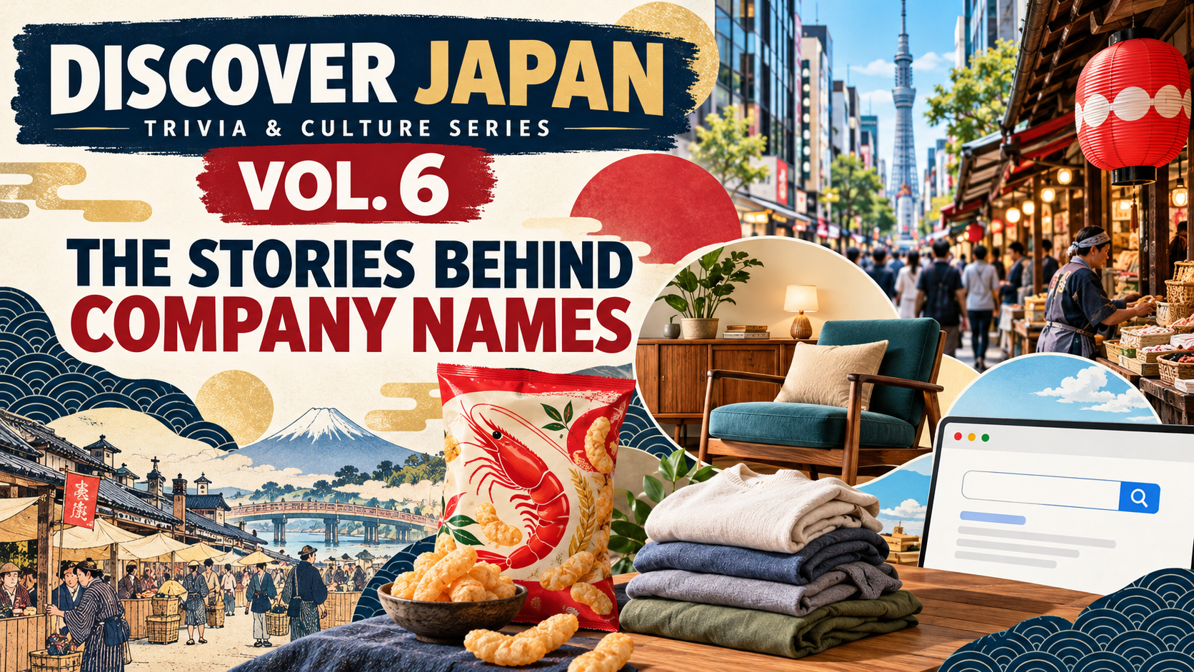 Discover Japan Vol.6 eyecatch showing a Japanese market, snack, furniture, clothing and search screen representing company name origins